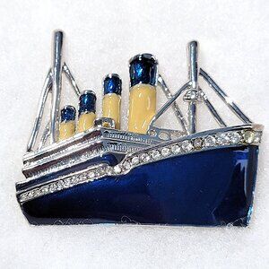 Very RARE Vintage Titanic Ship Pendant / Brooch - Metal & Enamel Rhinestones
